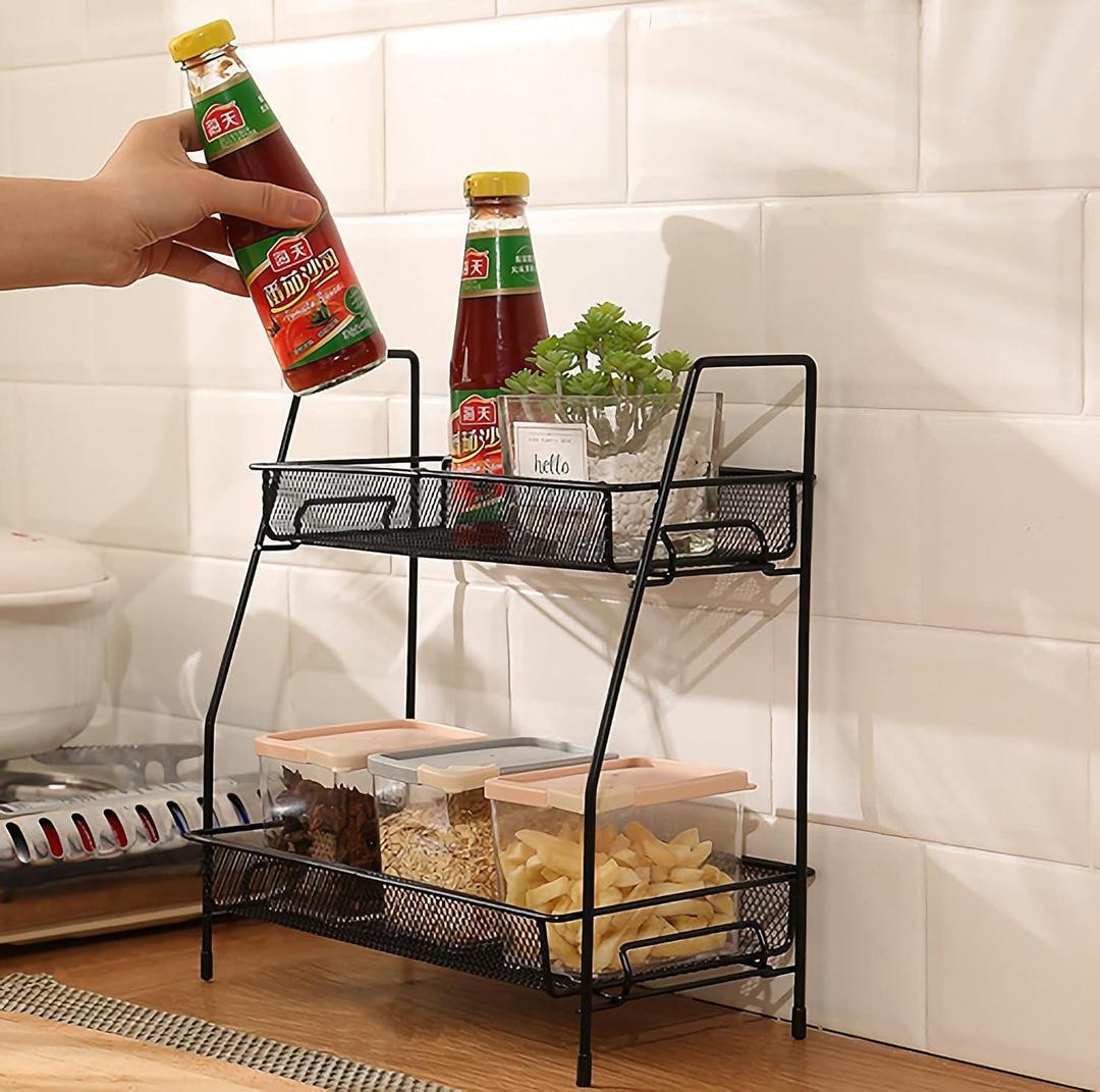 Two-Tiered Metal Spice Storage Basket Black